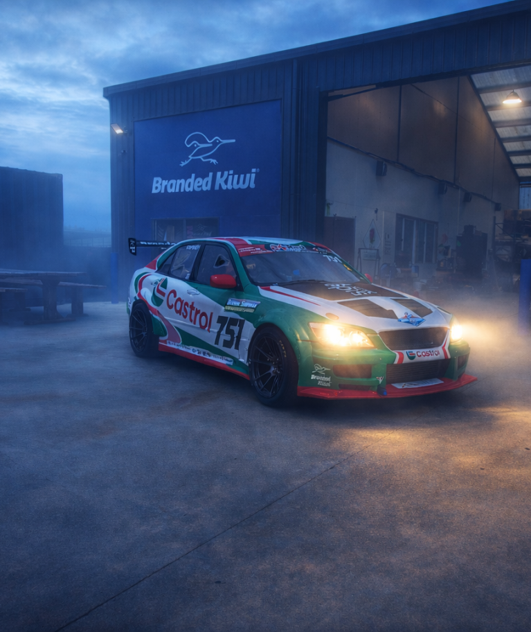 We designed and applied a custom Castrol racing livery for Peter Sweeney Racing on a Toyota Altezza. The graphics were built around Castrol’s iconic colours, with a motorsport focused layout designed for strong visibility on track and in media. Clean panel flow and high contrast elements were used to create a sharp, professional race car finish.