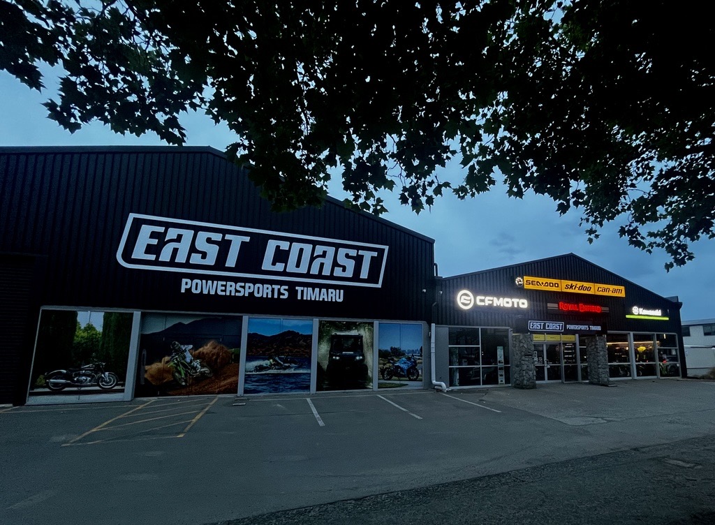 East Coast Powersports Timaru building signage installed by Branded Kiwi